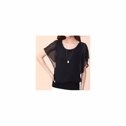 New Summer O Neck Short Sleeve Loose Fashion Chiffon Shirt For Women Top Black Casual Shirts Women Clothes - black, L