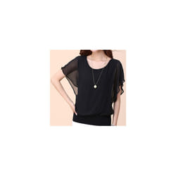 New Summer O Neck Short Sleeve Loose Fashion Chiffon Shirt For Women Top Black Casual Shirts Women Clothes - black, L