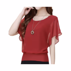 New Summer O Neck Short Sleeve Loose Fashion Chiffon Shirt For Women Top Black Casual Shirts Women Clothes - Claret, M