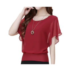 New Summer O Neck Short Sleeve Loose Fashion Chiffon Shirt For Women Top Black Casual Shirts Women Clothes - Claret, M
