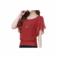 New Summer O Neck Short Sleeve Loose Fashion Chiffon Shirt For Women Top Black Casual Shirts Women Clothes - Claret, M