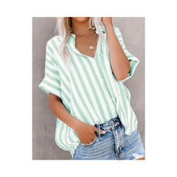 Tops Casual Loose Striped Short-sleeve Shirt For Women Summer Fashion Button Elegant Office Holiday Top Shirts Womens Clothing - Light Green, L