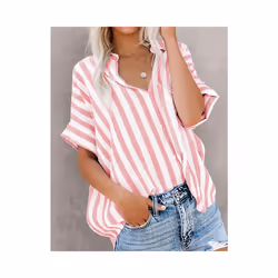 Tops Casual Loose Striped Short-sleeve Shirt For Women Summer Fashion Button Elegant Office Holiday Top Shirts Womens Clothin ...