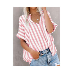 Tops Casual Loose Striped Short-sleeve Shirt For Women Summer Fashion Button Elegant Office Holiday Top Shirts Womens Clothing - Burgundy, L