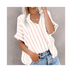 Tops Casual Loose Striped Short-sleeve Shirt For Women Summer Fashion Button Elegant Office Holiday Top Shirts Womens Clothing - Pink, S