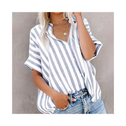 Tops Casual Loose Striped Short-sleeve Shirt For Women Summer Fashion Button Elegant Office Holiday Top Shirts Womens Clothing - Light Grey, S