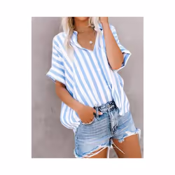 Tops Casual Loose Striped Short-sleeve Shirt For Women Summer Fashion Button Elegant Office Holiday Top Shirts Womens Clothin ...