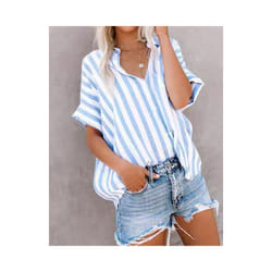Tops Casual Loose Striped Short-sleeve Shirt For Women Summer Fashion Button Elegant Office Holiday Top Shirts Womens Clothing - SKY BLUE, L
