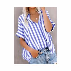 Tops Casual Loose Striped Short-sleeve Shirt For Women Summer Fashion Button Elegant Office Holiday Top Shirts Womens Clothing - SKY BLUE, L