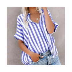 Tops Casual Loose Striped Short-sleeve Shirt For Women Summer Fashion Button Elegant Office Holiday Top Shirts Womens Clothing - Blue, L