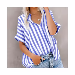 Tops Casual Loose Striped Short-sleeve Shirt For Women Summer Fashion Button Elegant Office Holiday Top Shirts Womens Clothin ...