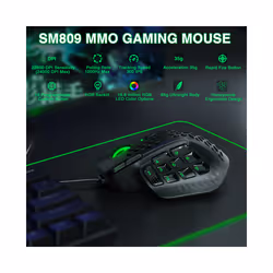 SM809 Wired Gaming Mouse Side Buttons 22800 DPI 16 Programmable MMO Macro Esports Mouse Heneycemb Ergonomic RGB Backlit - Black