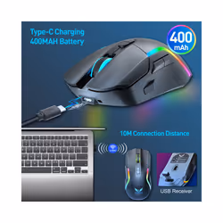 Bluetooth Wireless Gaming Mouse RGB Lighting Rechargeable Mouse 3200 DPI Ergonomic Game Mice for Desktop Laptop Gamer - Black