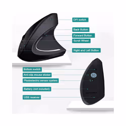 Vertical Mouse Ergonomic 2.4GHz Wireless Optical Mice 3 Adjustable DPI 800/1200/1600 6 Buttons for Laptop PC Computer Desktop - Black
