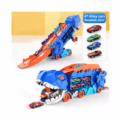 Transport Dinosaur Truck Toys Foldable Track Alloy Transforming Dinosaur Carrier Ejection Cars Toy Puzzle - Blue with 4Cars