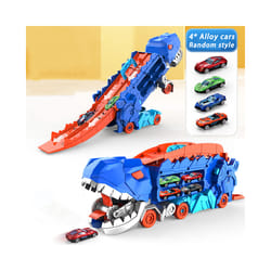 Transport Dinosaur Truck Toys Foldable Track Alloy Transforming Dinosaur Carrier Ejection Cars Toy Puzzle - Blue with 4Cars