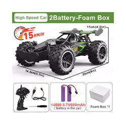 1:18 Scale High Speed Car 15KM/H 2WD Remote Control Racing Car 2.4G Off Road Vehicle RC Car Toys for - Green-2Batt-Foam Box