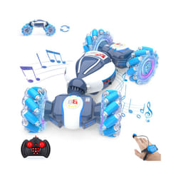 4WD Remote Control Car RC Stunt Car Watch Gesture Sensing Drift Twisting Car for Kids Toy Car with Music - White Blue