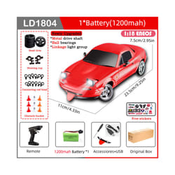 LDRC LD1804 RC Drift Car 1/18 Model  2.4G 2WD ESP Gyroscope LED Lights Full Scale Controlled Model Children - LD1804-Red-1B1200-OB