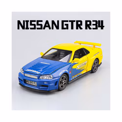 1:32 Nissan GTR R34 GT-R R35 Fast & Furious Alloy Car Model Sound and Light Pull Back Children's Toy - R34 Blue Yellow