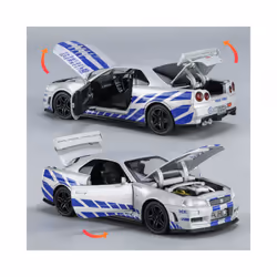 1:32 Nissan GTR R34 GT-R R35 Fast & Furious Alloy Car Model Sound and Light Pull Back Children's Toy - R34 Blue Yellow