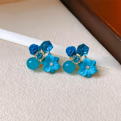Purple Crystal Flower Stud Earrings For Woman Korean Fashion Jewelry Wedding Party Girl Elegance Set Accessories - blue