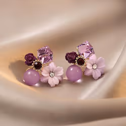 Purple Crystal Flower Stud Earrings For Woman Korean Fashion Jewelry Wedding Party Girl Elegance Set Accessories - purple