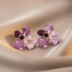 Purple Crystal Flower Stud Earrings For Woman Korean Fashion Jewelry Wedding Party Girl Elegance Set Accessories - purple