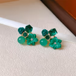 Purple Crystal Flower Stud Earrings For Woman Korean Fashion Jewelry Wedding Party Girl Elegance Set Accessories - green