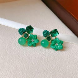 Purple Crystal Flower Stud Earrings For Woman Korean Fashion Jewelry Wedding Party Girl Elegance Set Accessories - green