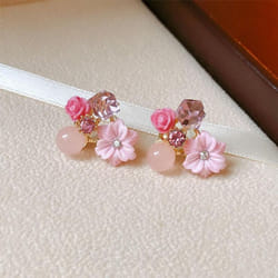 Purple Crystal Flower Stud Earrings For Woman Korean Fashion Jewelry Wedding Party Girl Elegance Set Accessories - pink