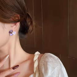 Purple Crystal Flower Stud Earrings For Woman Korean Fashion Jewelry Wedding Party Girl Elegance Set Accessories - pink