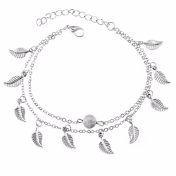 Double Layer Leaves Charm Anklet Foot Chain Summer Women Sandal Ankle Bracelet - silver