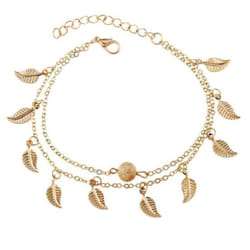Double Layer Leaves Charm Anklet Foot Chain Summer Women Sandal Ankle Bracelet - golden