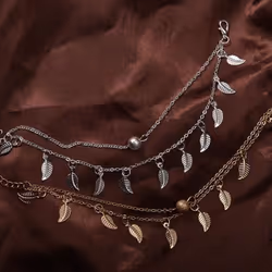 Double Layer Leaves Charm Anklet Foot Chain Summer Women Sandal Ankle Bracelet - golden