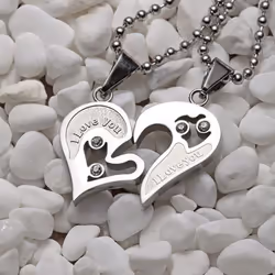 1pair I Love You For Couple Iron Chain Black Heart Love Necklaces Fashion Trendy Paired Suspension Pendants - silver, 1 Pair