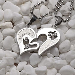 1pair I Love You For Couple Iron Chain Black Heart Love Necklaces Fashion Trendy Paired Suspension Pendants - silver, 1 Pair