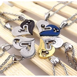 1pair I Love You For Couple Iron Chain Black Heart Love Necklaces Fashion Trendy Paired Suspension Pendants - silver,gold, 1 Pair