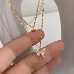 New Shiny Butterfly Necklace For Woman Girls Ladies Exquisite Double Layer Clavicle Chain Necklace Fashion Jewelry Gift - gol ...