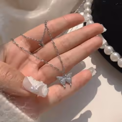 New Shiny Butterfly Necklace For Woman Girls Ladies Exquisite Double Layer Clavicle Chain Necklace Fashion Jewelry Gift - sil ...