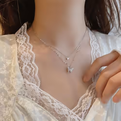 New Shiny Butterfly Necklace For Woman Girls Ladies Exquisite Double Layer Clavicle Chain Necklace Fashion Jewelry Gift - silver