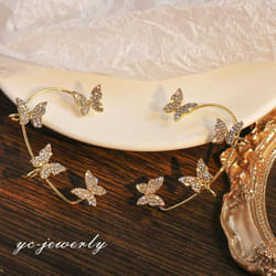 1pcs Korean Fashion Rhinestone Butterfly Ear Clips Without Piercing For Women Girls Sparkling Zircon Ear Cuff Clip Earrings Wedding J - gold, Left*1pc