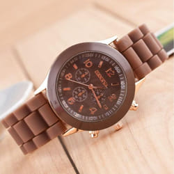 Women&apos;s Silicone Boys Jelly Quartz Unisex Geneva Girls Wrist Watch - coffee