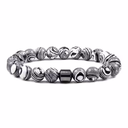 Natural Malachite Bracelet Black Magnetic Hematite Rock 8mm Round Beads Stretch Bracelet Yoga Strand For Men And Women - grey