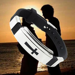 Men&apos;s Women&apos;s Stainless Steel Bracelet Cross Black Rubber Bangle Lovers Jewelry