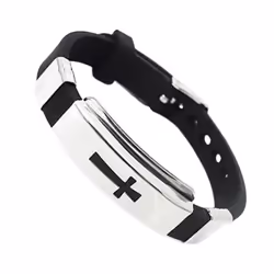 Men&apos;s Women&apos;s Stainless Steel Bracelet Cross Black Rubber Bangle Lovers Jewelry