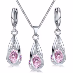 Crystal Water Drop Pendent Necklace Earrings Jewelry Set For Women Bridal Wedding Halloween Gift - pink