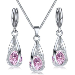 Crystal Water Drop Pendent Necklace Earrings Jewelry Set For Women Bridal Wedding Halloween Gift - pink