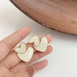 Drop Earrings For Women White Enamel Double Heart Female Earring