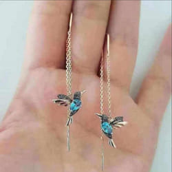 Luxurious Unique Long Drop Earrings Bird Pendant Tassel Crystal Pendant Earrings Ladies Jewelry - blue
